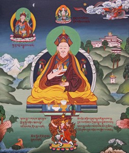 The 4th Zhabdrung Rinpoche Jigme Norbu. Above him is Chenrezig (the Zhabdrung line of incarnations are believed to be emanations of Chenrezig). To his right is Guru Rinpoche, one of the principal Drukpa Kagyu practices. Below him is Dorje Shugden, whose practice Jigme Norbu encouraged. To the right is one of the many dzongs Bhutan is famous for. Meanwhile, Bhutan herself is represented by the all-powerful dragon in the clouds.